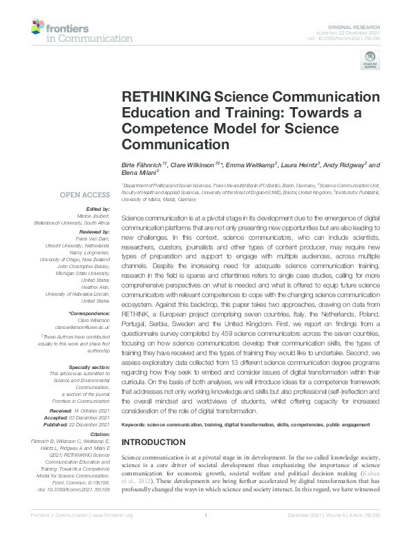 RETHINKING Science communication education and training: Towards a competence model for science communication Thumbnail