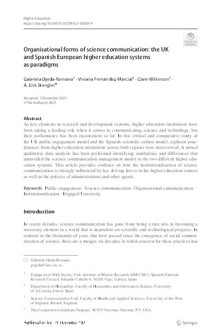 Organisational forms of science communication: The UK and Spanish European higher education systems as paradigms Thumbnail