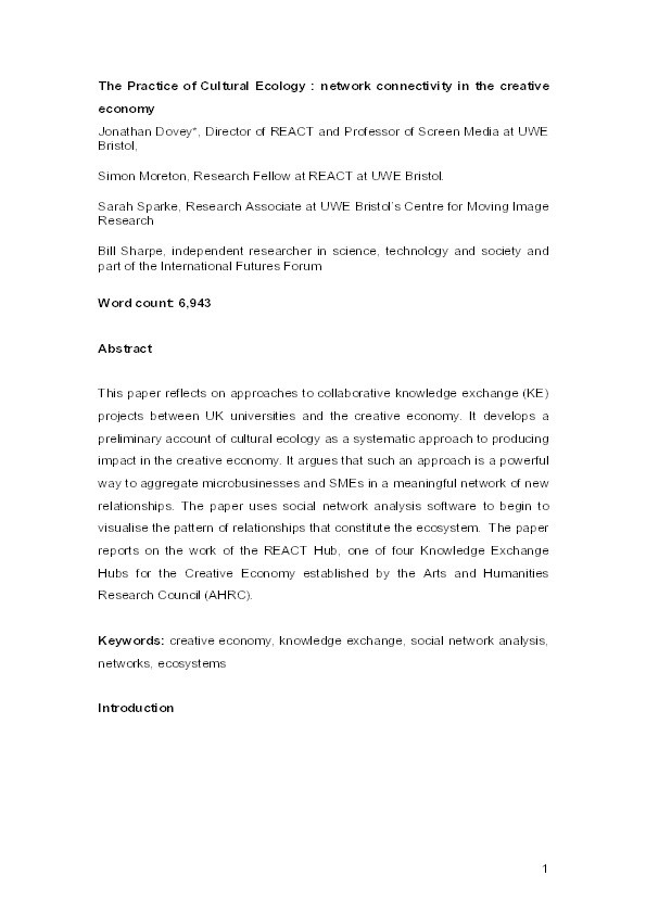 The practice of cultural ecology: network connectivity in the creative economy Thumbnail