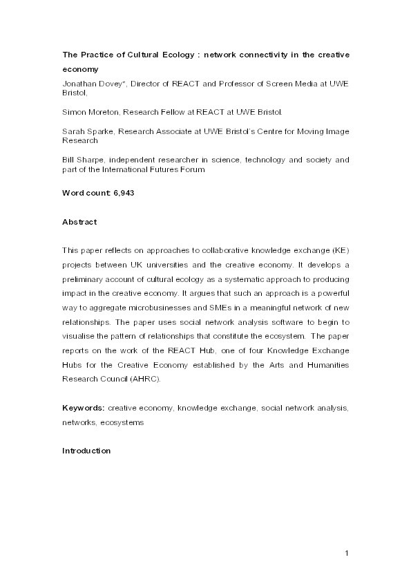 The practice of cultural ecology: network connectivity in the creative economy Thumbnail