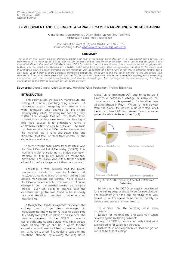 Development and testing of a variable camber morphing wing mechanism Thumbnail