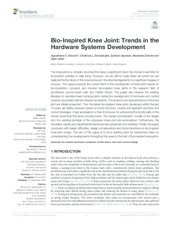 Bio-inspired knee joint: Trends in the hardware systems development Thumbnail