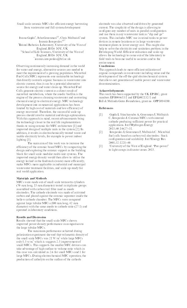 Small scale ceramic MFCs for efficient energy harvesting from wastewater and full system development Thumbnail