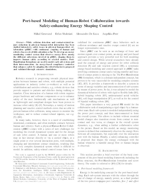 Port-based modeling of human-robot collaboration towards
safety-enhancing energy shaping control Thumbnail