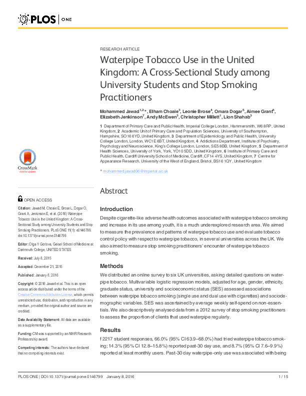 Waterpipe tobacco use in the United Kingdom: A cross-sectional study among university students and stop smoking practitioners Thumbnail