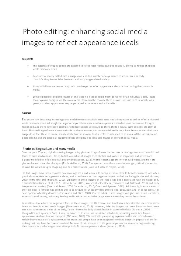 Photo editing: Enhancing social media images to reflect appearance ideals Thumbnail