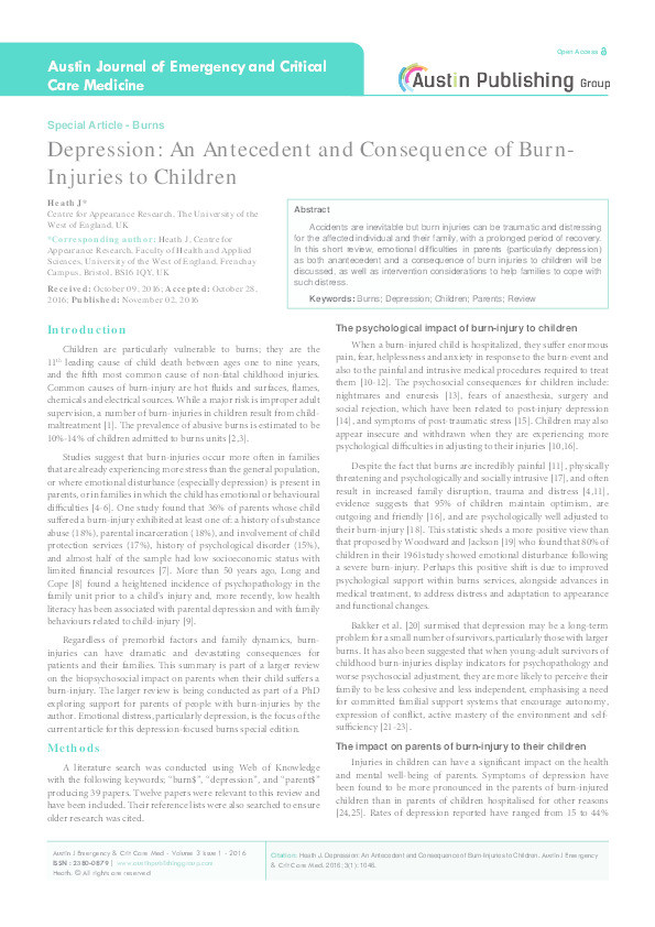 Depression: An antecedent and consequence of burn-injuries to children Thumbnail