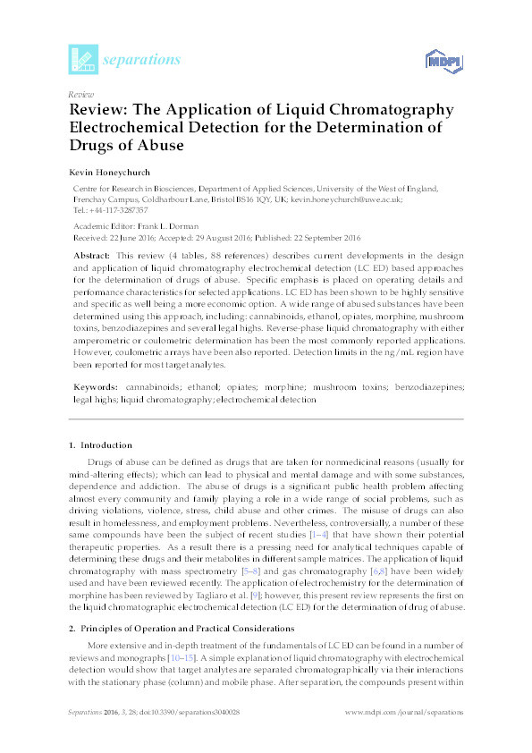 Review: The application of liquid chromatography electrochemical detection for the determination of drugs of abuse Thumbnail
