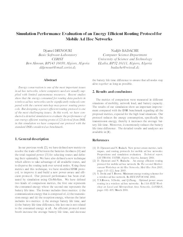 Simulation performance evaluation of an energy efficient routing protocol for mobile ad hoe networks Thumbnail