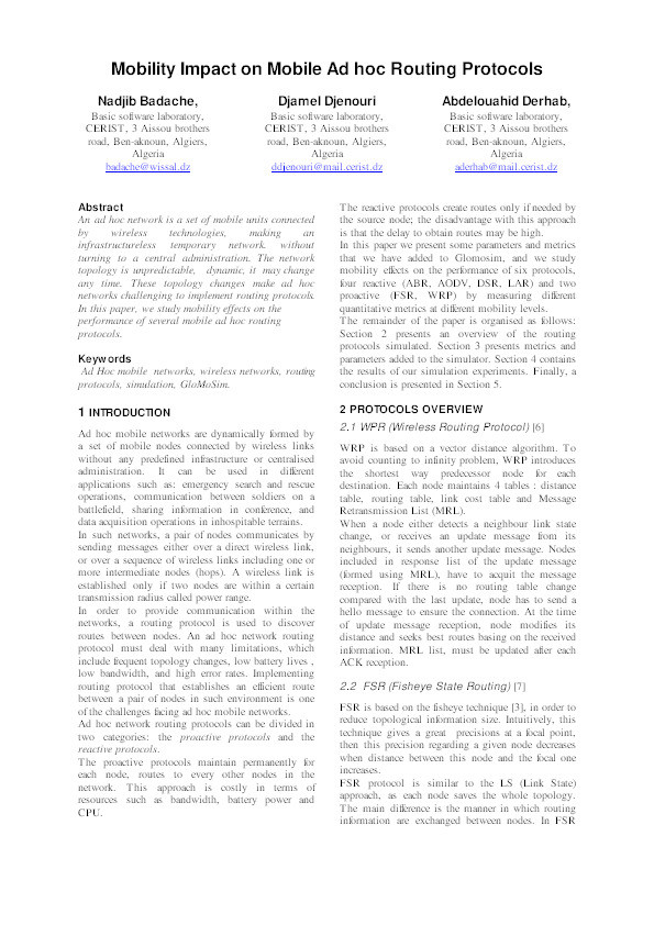 Mobility impact on mobile ad hoc routing protocols Thumbnail