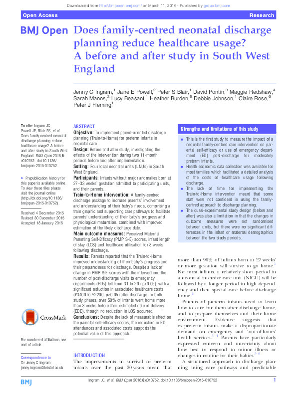Does family-centred neonatal discharge planning reduce healthcare usage? A before and after study in South West England Thumbnail