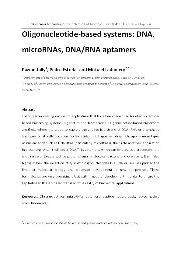 Oligonucleotide-based systems: DNA, microRNAs, DNA/RNA aptamers Thumbnail