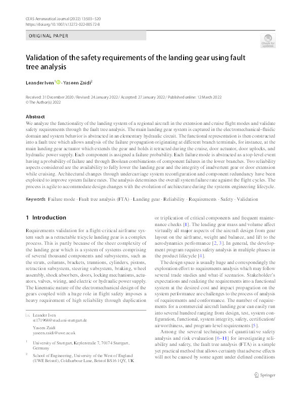Validation of the safety requirements of the landing gear using fault tree analysis Thumbnail