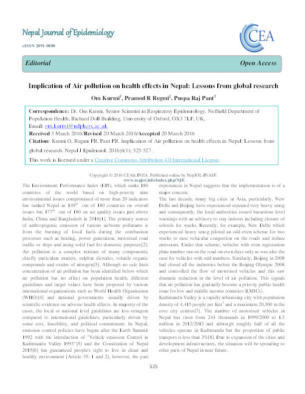 Implication of air pollution on health effects in Nepal: Lessons from global research Thumbnail