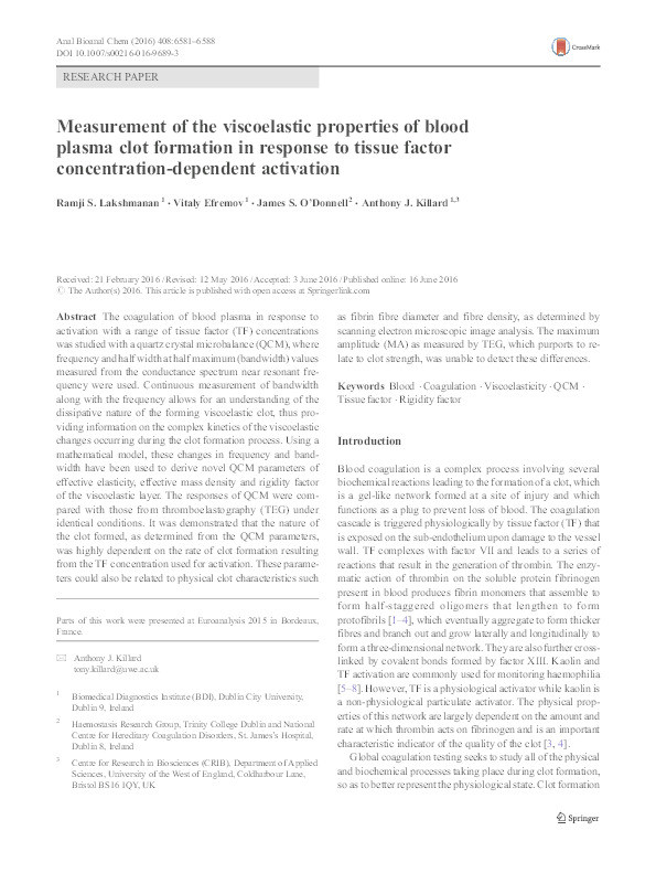 Measurement of the viscoelastic properties of blood plasma clot formation in response to tissue factor concentration-dependent activation Thumbnail