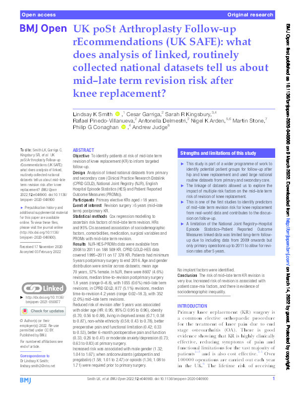 UK poSt Arthroplasty Follow-up rEcommendations (UK SAFE): what does analysis of linked, routinely collected national datasets tell us about mid-late term revision risk after knee replacement? Thumbnail