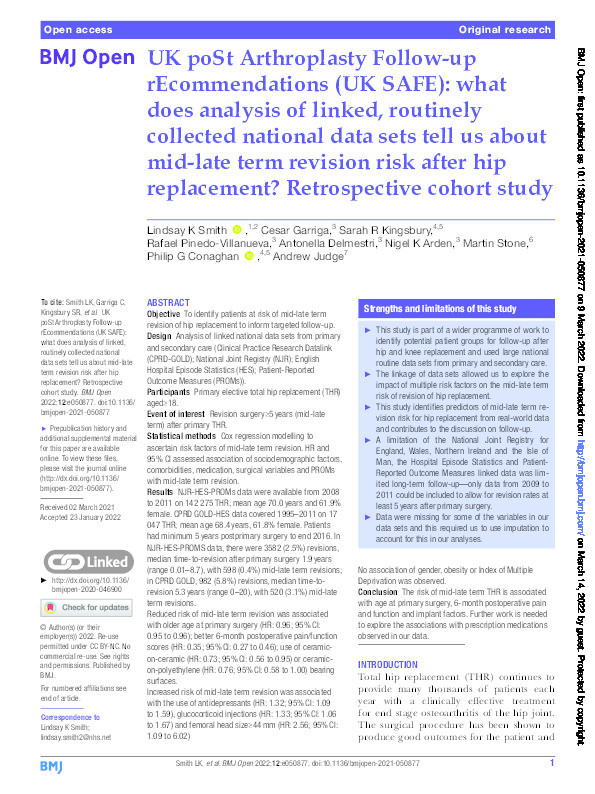 UK poSt Arthroplasty Follow-up rEcommendations (UK SAFE): What does analysis of linked, routinely collected national data sets tell us about mid-late term revision risk after hip replacement? Retrospective cohort study Thumbnail