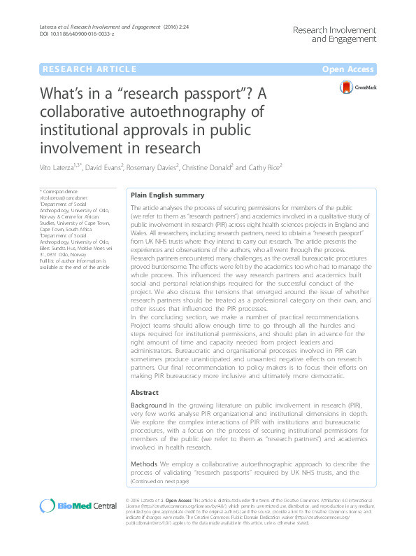 What’s in a “research passport”? A collaborative autoethnography of institutional approvals in public involvement in research Thumbnail