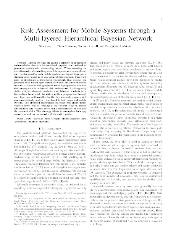 Risk Assessment for Mobile Systems Through a Multilayered Hierarchical Bayesian Network Thumbnail