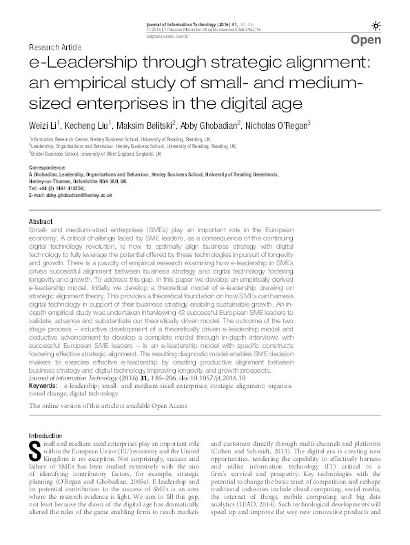 e-Leadership through strategic alignment: An empirical study of small- and medium-sized enterprises in the digital age Thumbnail