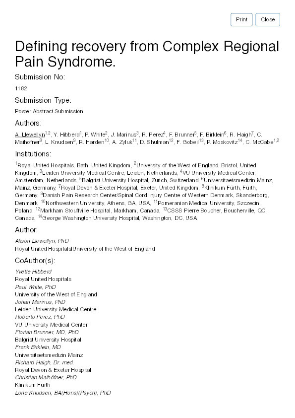 Defining recovery from Complex Regional Pain Syndrome Thumbnail