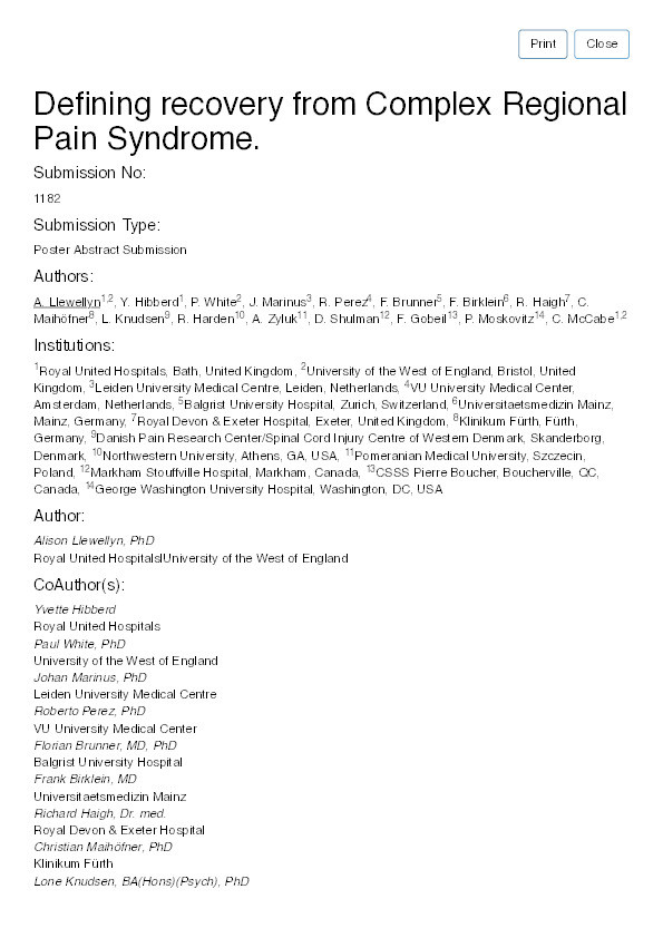 Defining recovery from Complex Regional Pain Syndrome Thumbnail