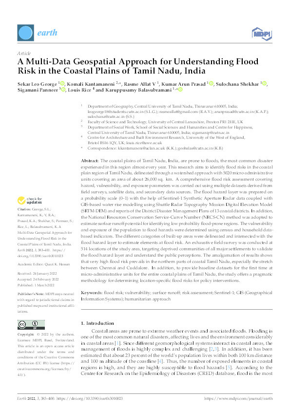 A multi-data geospatial approach for understanding flood risk in the coastal plains of Tamil Nadu, India Thumbnail