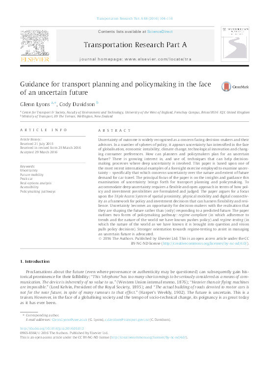 Guidance for transport planning and policymaking in the face of an uncertain future Thumbnail