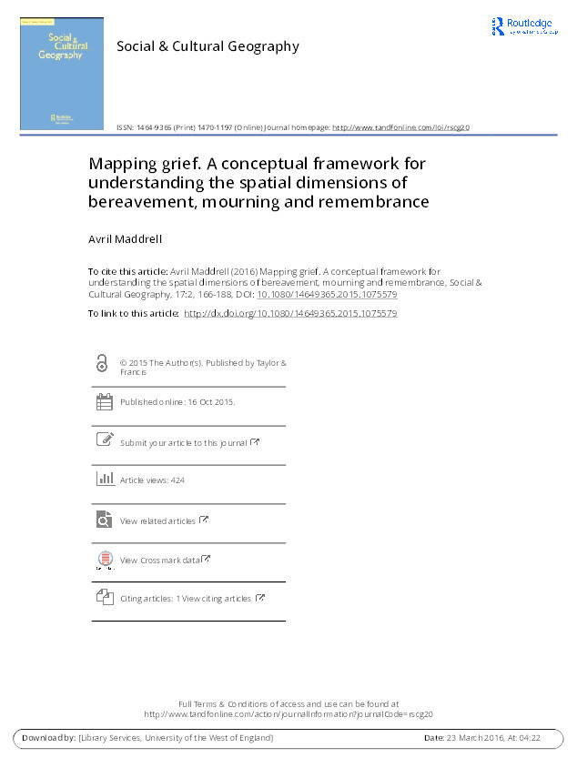 Mapping grief. A conceptual framework for understanding the spatial dimensions of bereavement, mourning and remembrance Thumbnail