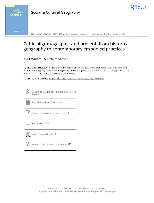 Celtic pilgrimage, past and present: from historical geography to contemporary embodied practices Thumbnail