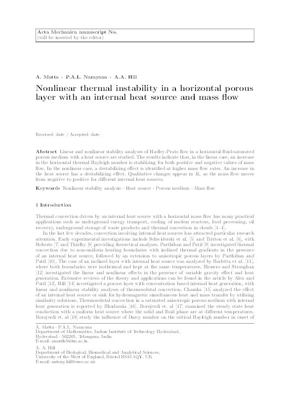 Nonlinear thermal instability in a horizontal porous layer with an internal heat source and mass flow Thumbnail