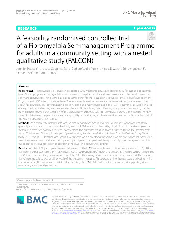 A feasibility randomised controlled trial of a Fibromyalgia self-management programme for adults in a community setting with a nested qualitative study (FALCON) Thumbnail
