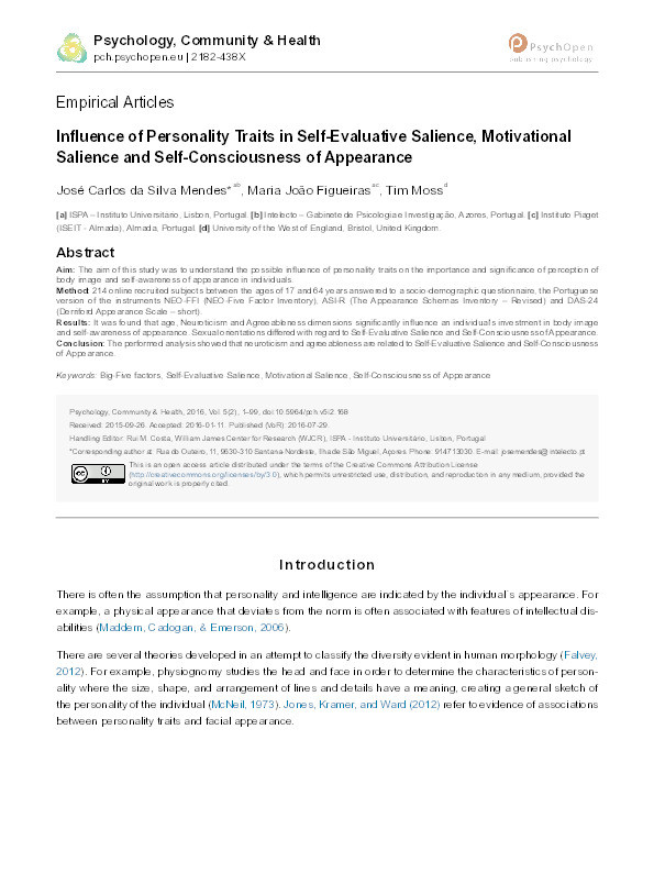 Influence of personality traits in self-evaluative salience, motivational salience and self-consciousness of appearance Thumbnail