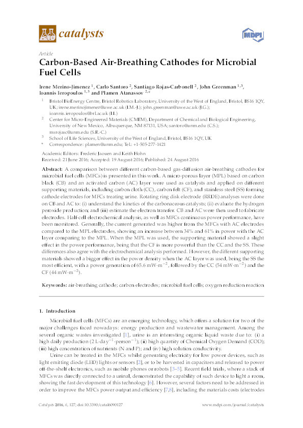 Carbon-based air-breathing cathodes for microbial fuel cells Thumbnail