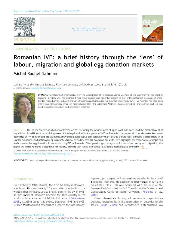 Romanian IVF: a brief history through the ‘lens’ of labour, migration and global egg donation markets Thumbnail