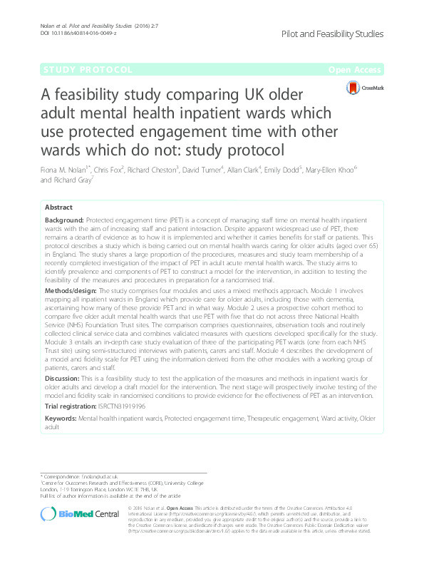A feasibility study comparing UK older adult mental health inpatient wards which use protected engagement time with other wards which do not: Study protocol Thumbnail