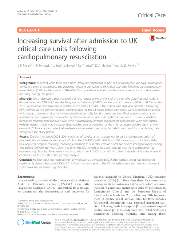 Increasing survival after admission to UK critical care units following cardiopulmonary resuscitation Thumbnail