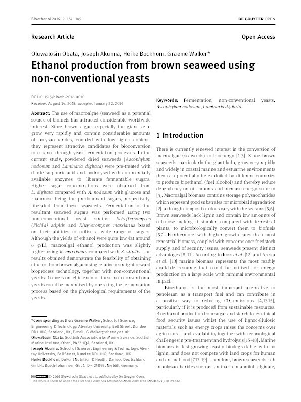 Ethanol production from brown seaweed using non-conventional yeasts Thumbnail