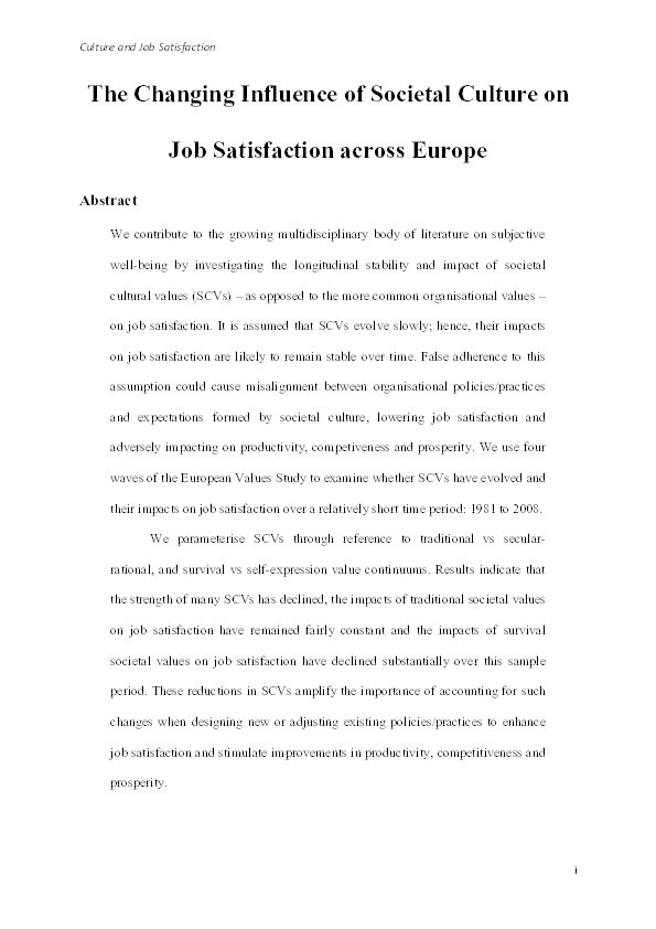 The Changing Influence of Societal Culture on Job Satisfaction across Europe Thumbnail