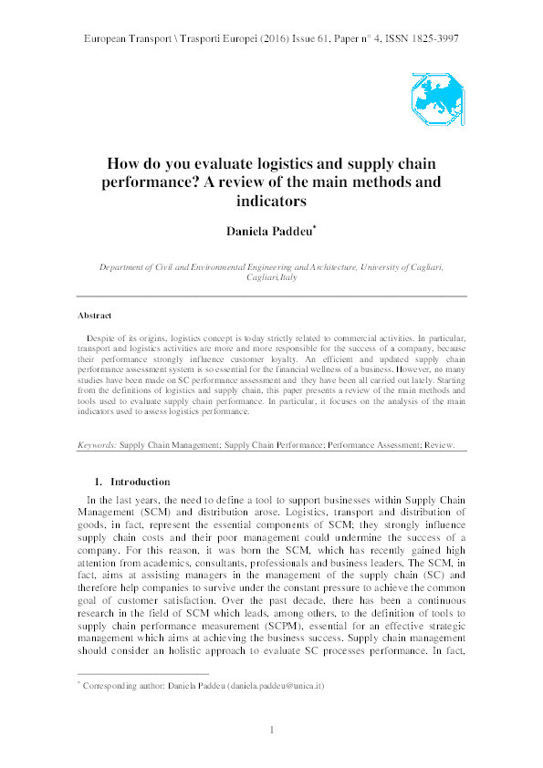 How do you evaluate logistics and supply chain performance? A review of the main methods and indicators Thumbnail