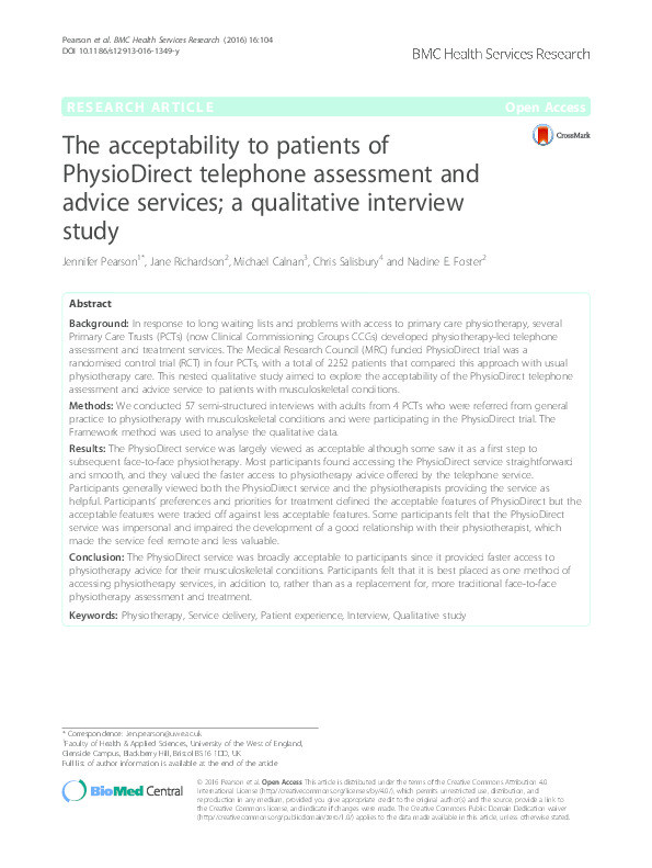 The acceptability to patients of PhysioDirect telephone assessment and advice services; A qualitative interview study Thumbnail