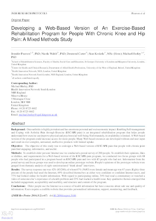 Developing a web-based version of an exercise-based rehabilitation program for people with chronic knee and hip pain: A mixed methods study Thumbnail
