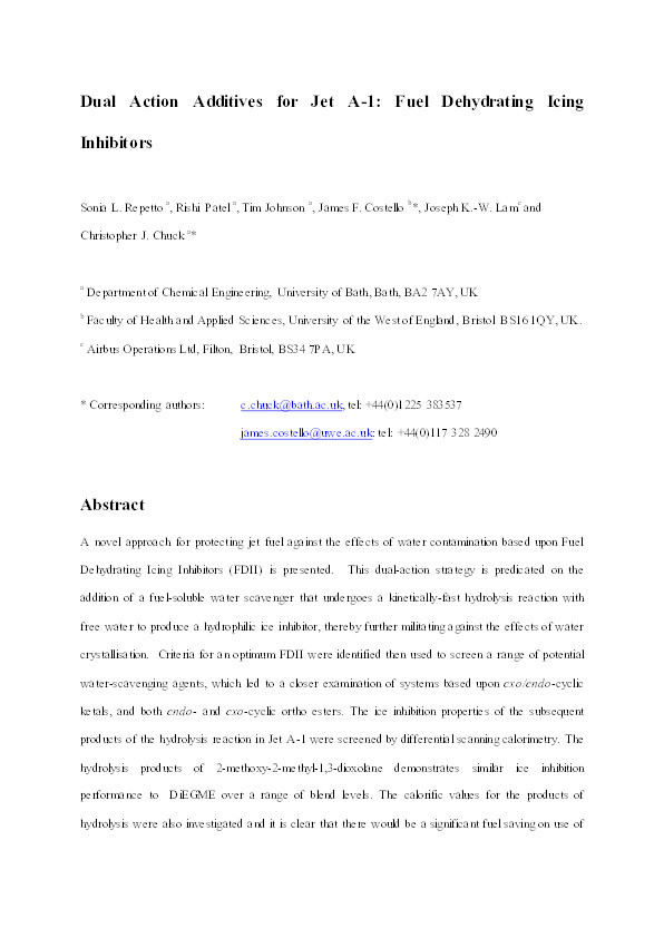 Dual Action Additives for Jet A-1: Fuel Dehydrating Icing Inhibitors Thumbnail