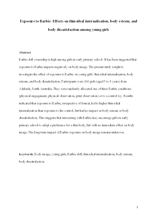 Exposure to Barbie: Effects on thin-ideal internalisation, body esteem, and body dissatisfaction among young girls Thumbnail