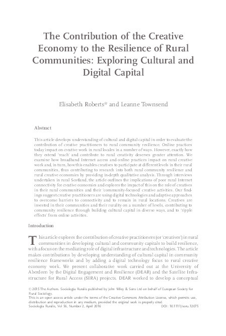 The Contribution of the Creative Economy to the Resilience of Rural Communities: Exploring Cultural and Digital Capital Thumbnail