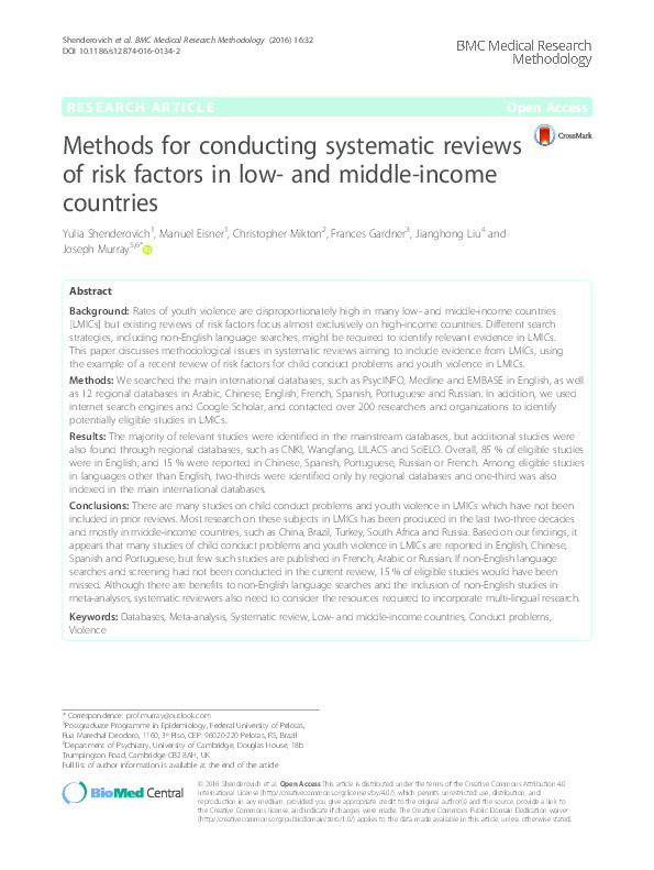 Methods for conducting systematic reviews of risk factors in low- and middle-income countries Thumbnail