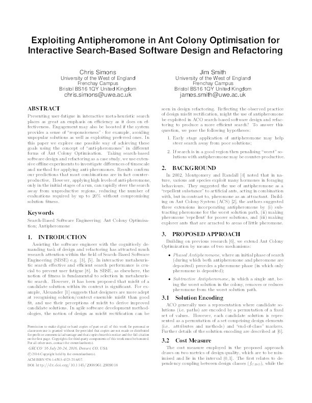 Exploiting antipheromone in ant colony optimisation for interactive search-based software design and refactoring Thumbnail