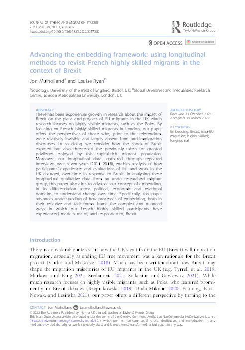 Advancing the embedding framework: Using longitudinal methods to revisit French highly skilled migrants in the context of Brexit Thumbnail