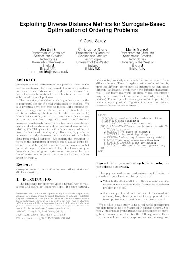 Exploiting diverse distance metrics for surrogate-based optimisation of ordering problems Thumbnail