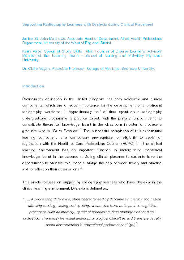 Supporting radiography learners with dyslexia during clinical placement Thumbnail